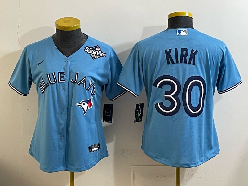 Women 2025 Nike Toronto Blue Jays #30 Kirk Light Blue Game MLB Jersey 01